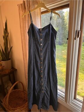 Bluivy Dark Blue Button-Front Denim Maxi Dress with Spaghetti Straps
